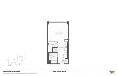 Floor plan for studio, 1 bath, 557 sqft